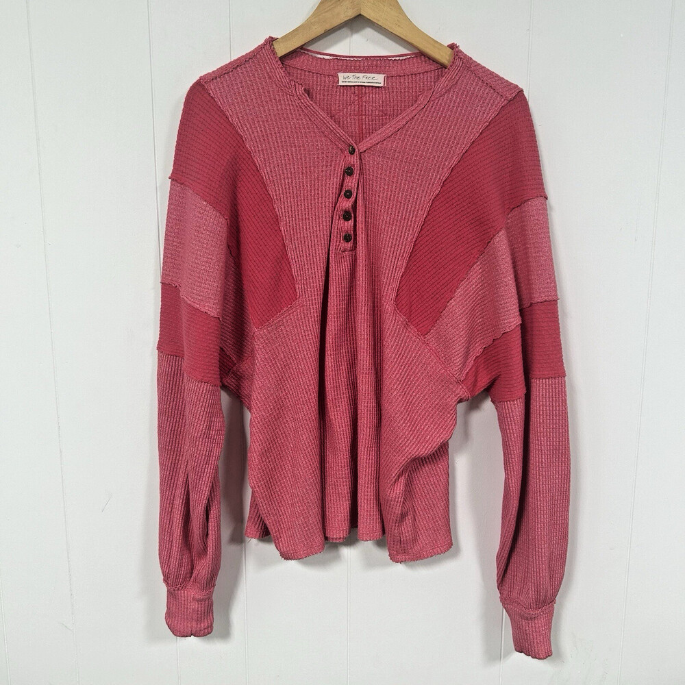 We The Free People XS Pink Callisto Henley Waffle Knit Dolman Oversized Shirt